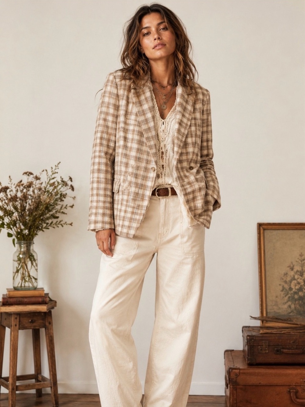 And the why Plaid Double Breasted Blazer Jacket Large Beige Taupe Preppy Chic